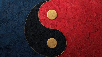 A vibrant yin-yang symbol with textured blue and red backgrounds, featuring two gold coins, representing balance and harmony.