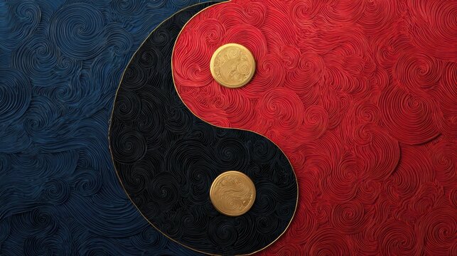 A vibrant yin-yang symbol with textured blue and red backgrounds, featuring two gold coins, representing balance and harmony.