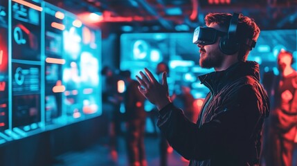 Immersive virtual reality experience, Man interacting with digital interface