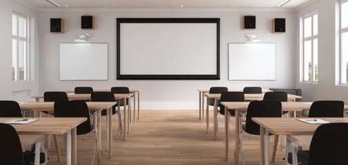 The Classroom Presentation Setup in a Modern Lecture Room with Projector Screen