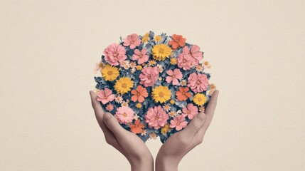 A pair of hands gently cradles a vibrant bouquet of flowers, symbolizing care, beauty, and a connection to nature.