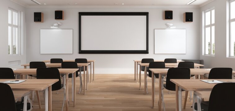 The Classroom Presentation Setup in a Modern Lecture Room with Projector Screen - Powered by Adobe