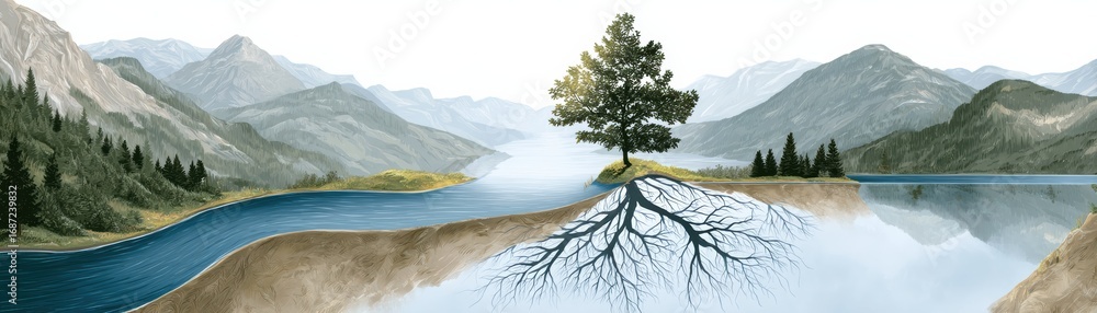 Poster a serene landscape featuring a tree with visible roots, flanked by mountains and a calm river, blend