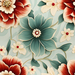 Soft pastel floral pattern with teal, red and beige blossoms in classic decorative artistic style