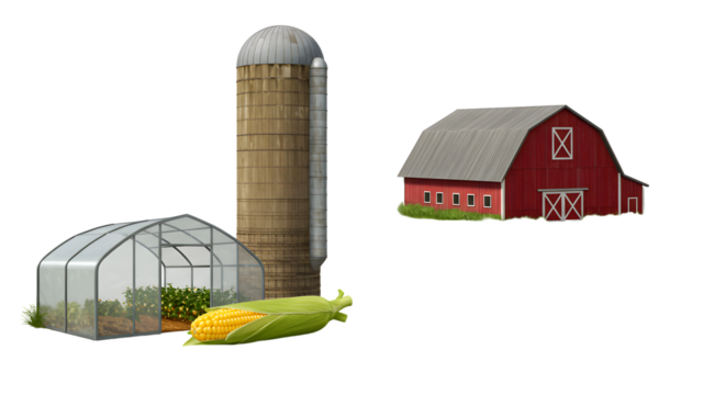 FARMING - 3D illustration of a red barn, silo, greenhouse, and corn, representing farming, agriculture, and rural life