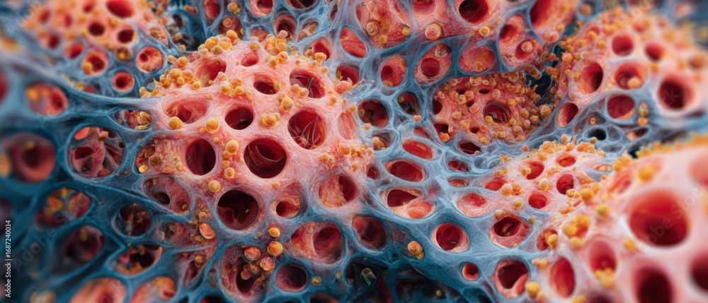 Poster a close-up view of intricately textured organic cells with vibrant colors, showcasing a complex netw