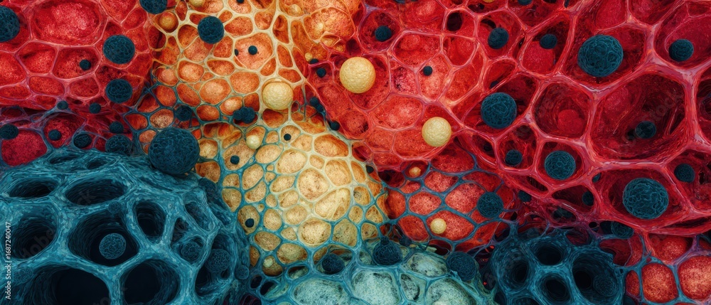 Aufkleber a vibrant, abstract representation of cellular structures in various colors, showcasing intricate pa