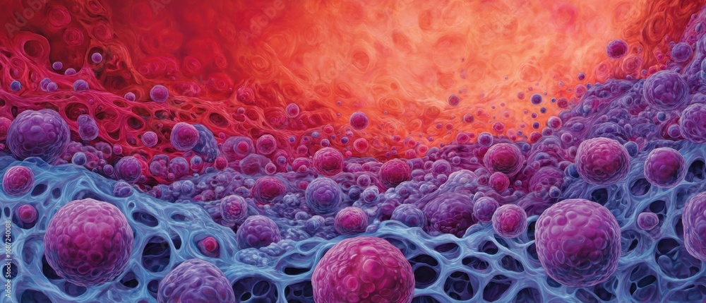 Poster a vibrant, abstract depiction of cellular structures, showcasing a dynamic interplay of colors and f