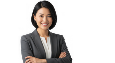 Confident asian businesswoman smiling with arms crossed in professional attire transparent background
