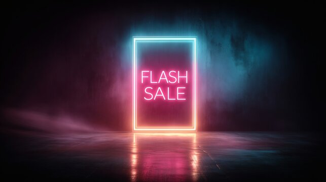 Dark background with glowing neon frame and flash sale text, illuminated futuristic banner design for advertising, promotion and retail campaigns.
