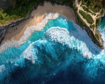 High Angle View Of Tropical Beach Landscape With Lush Vegetation And Turquoise