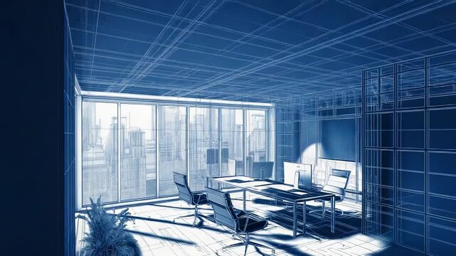 Blueprint of modern office interior design project showing desks and workstations