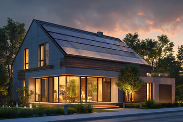 Modern eco friendly home with solar panels illuminated at dusk nestled among trees