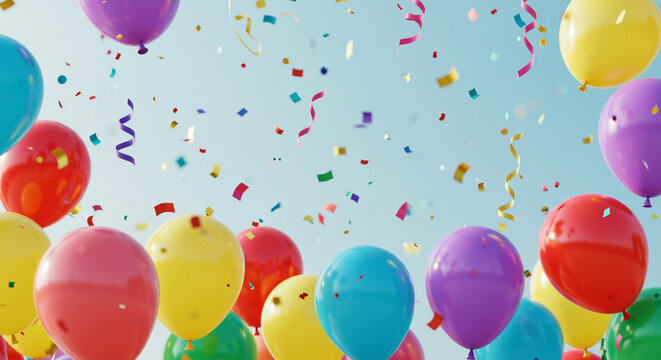 Vibrant balloons and confetti fill the sky, celebrating a joyous occasion with colorful flair