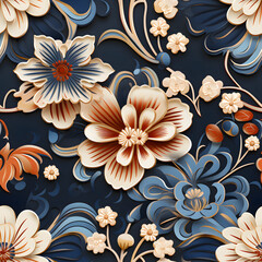Elegant vintage floral pattern with navy blue background and intricate beige, orange and blue flowers