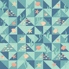 Geometric underwater pattern featuring starfish, seashells, seaweed, and fish within a teal triangular grid.