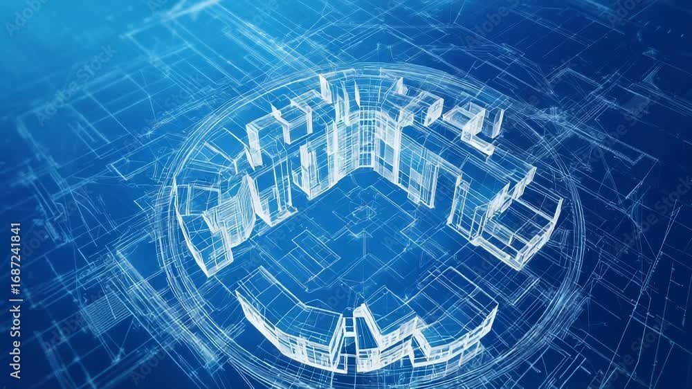 Poster futuristic wireframe model of a circular city project displaying urban planning and development