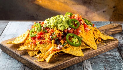 Colorful nachos piled high on a rustic wooden board