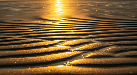Golden ripples on beach sand illuminated by sunlight, creating mesmerizing natural patterns