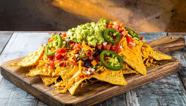 Colorful nachos piled high on a rustic wooden board
