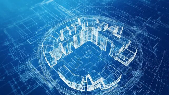 Futuristic wireframe model of a circular city project displaying urban planning and development