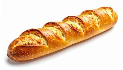Golden baguette with crispy crust long shape fluffy inside appetizing bakery bread food isolated on white background
