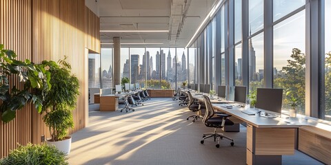 Modern office interior with large windows and city skyline view, bathed in sunlight