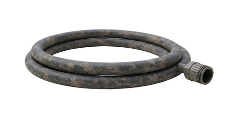 FARMING - Coiled garden hose with brass connector in worn condition isolated on white background perfect for gardening and outdoor use