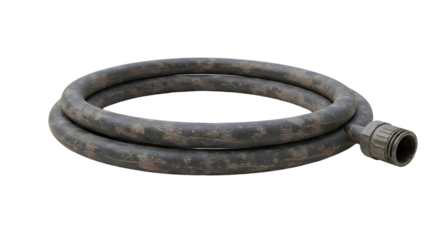 FARMING - Coiled garden hose with brass connector in worn condition isolated on white background perfect for gardening and outdoor use