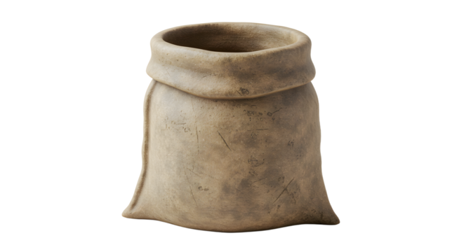 FARMING - Old cloth sack bag with rolled top isolated on white background, vintage textile container perfect for rustic and historical themes