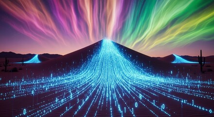 Stunning digital data flow over desert landscape with vibrant aurora borealis