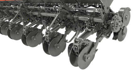 FARMING - Close-up of mechanical metal discs on farm planting equipment for soil preparation and seed planting