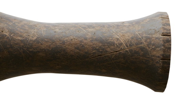 FARMING - Close-up of the mouthpiece of a traditional wooden musical instrument with a worn, scratched surface and carved details