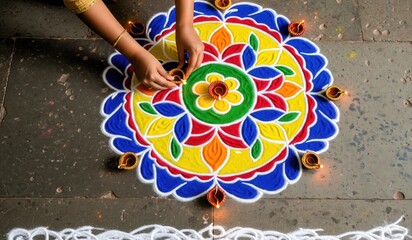 Naklejka premium Diya Placed on Circular Rangoli.