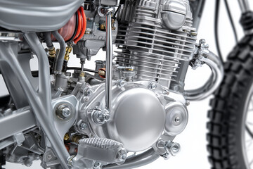 Obraz premium Realistic motorcycle carburetor, precision metal details, clear pipes and bolts on a white background