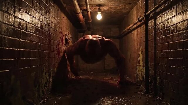 A horrifying wall crawler with no skin pulls itself out, dragging a bloody path. Its monstrous body twists unnaturally. Generative AI
