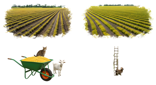 FARMING - Farm landscape with vineyard rows, farmer in wheelbarrow holding hay and small lamb near wooden ladder outdoors in rural countryside