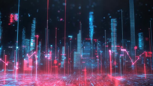 Futuristic smart city connecting data through digital lines and nodes