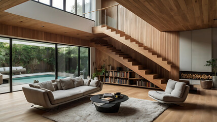 The layout features an open-plan area with a prominent wooden staircase with metal railings ascending to the upper level.