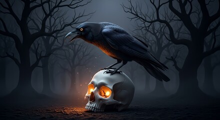 Mysterious raven perched on skull in spooky forest with glowing eyes and embers