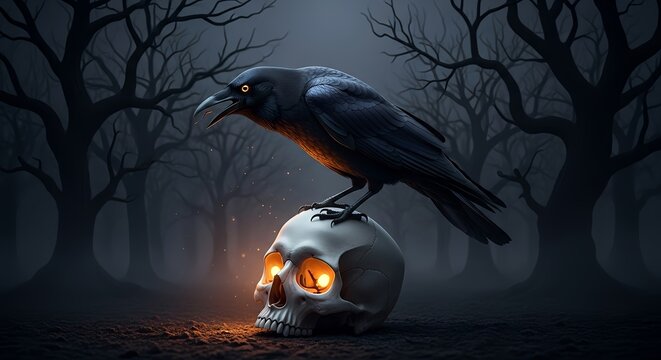 Mysterious raven perched on skull in spooky forest with glowing eyes and embers