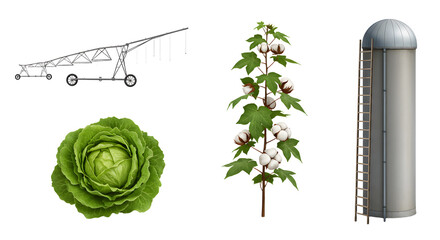 FARMING - Agricultural irrigation system, green lettuce, cotton plant, and metal silo isolated on white background, farming and agriculture concepts