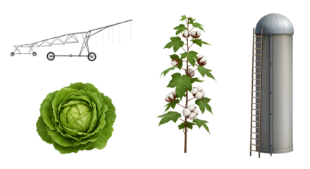 FARMING - Agricultural irrigation system, green lettuce, cotton plant, and metal silo isolated on white background, farming and agriculture concepts