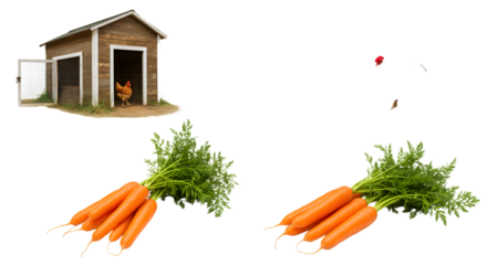 FARMING - Fresh bunches of organic carrots with green tops and a rustic wooden chicken coop in the background, perfect for farm and garden themes