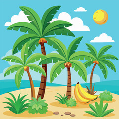 Palm tree. Cartoon tropical coconut palm and banana trees with green leaf and trunks, beach plants. Summer, exotic island, jungle nature vibe for travel, vacation, eco design. Isolated vector set