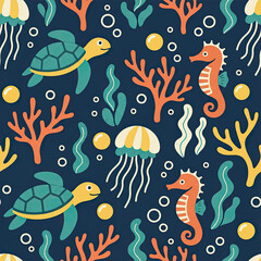 Cheerful underwater pattern featuring sea turtles, seahorses, jellyfish, and coral.