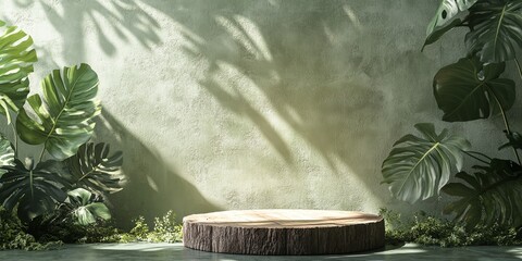 Natural wood slice podium surrounded by lush green tropical leaves and plants with dappled sunlight on a textured wall