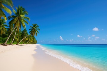 Obraz premium Tropical paradise beach scene with crystal clear azure waters and swaying palm trees under endless blue sky