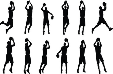 Black silhouette vector illustration of basketball players in various action poses including dribbling, shooting, and jumping for sports, training, and athletic concepts