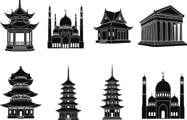 Black silhouette vector of diverse architectural landmarks including pagodas, mosques, temples, and classical buildings representing global cultural heritage illustration design